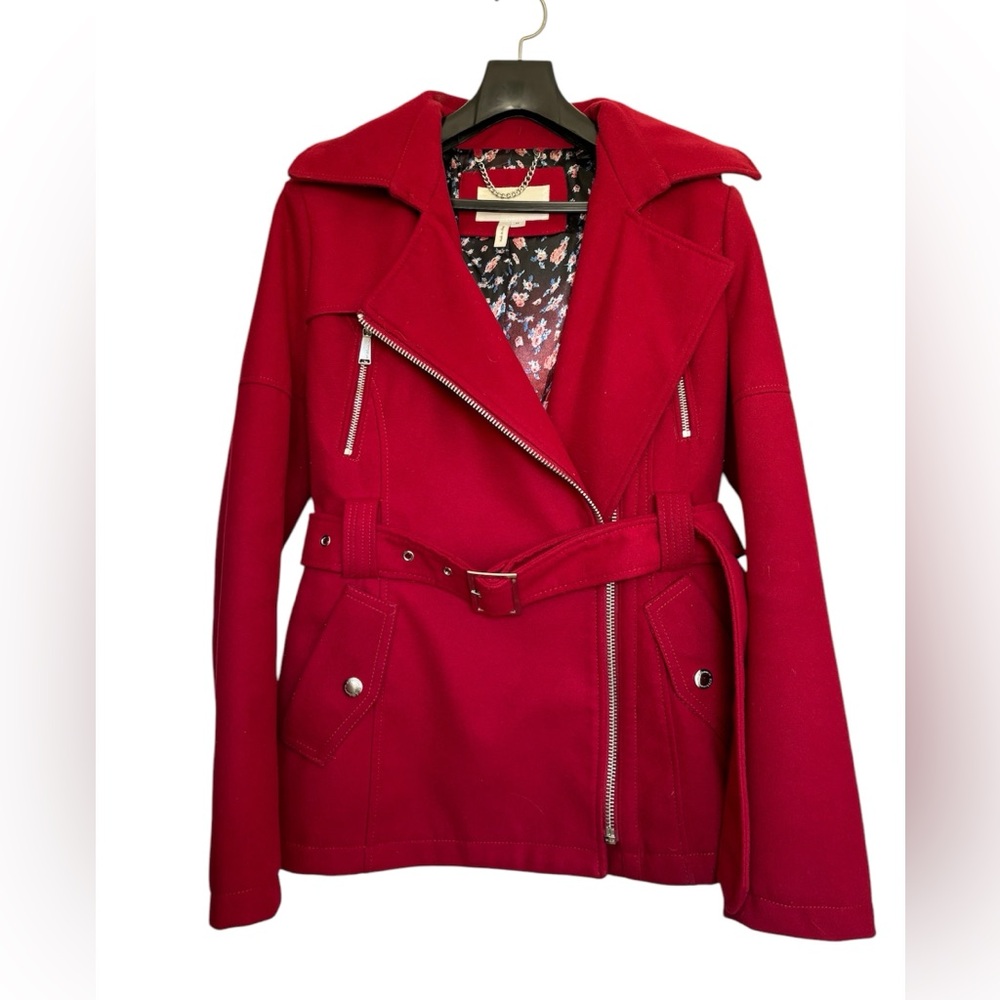Cherry Red BCBG hooded and belted winter peacoat with silver brand hardware.